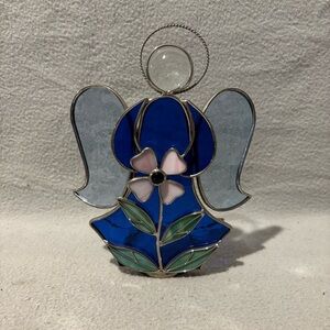 Vintage Heavenly Stained Glass Angel Tealight Candle Holder Blue with flower
